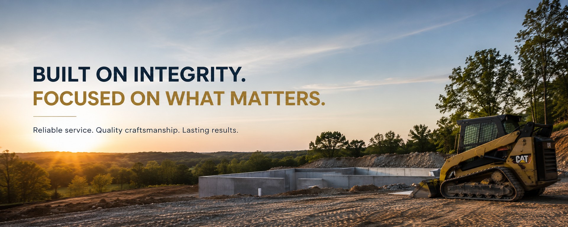 Built on integrity. Focused on what matters. R.E.L. Properties construction site at sunset.