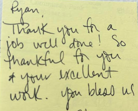 Handwritten thank-you note from an R.E.L. Properties client